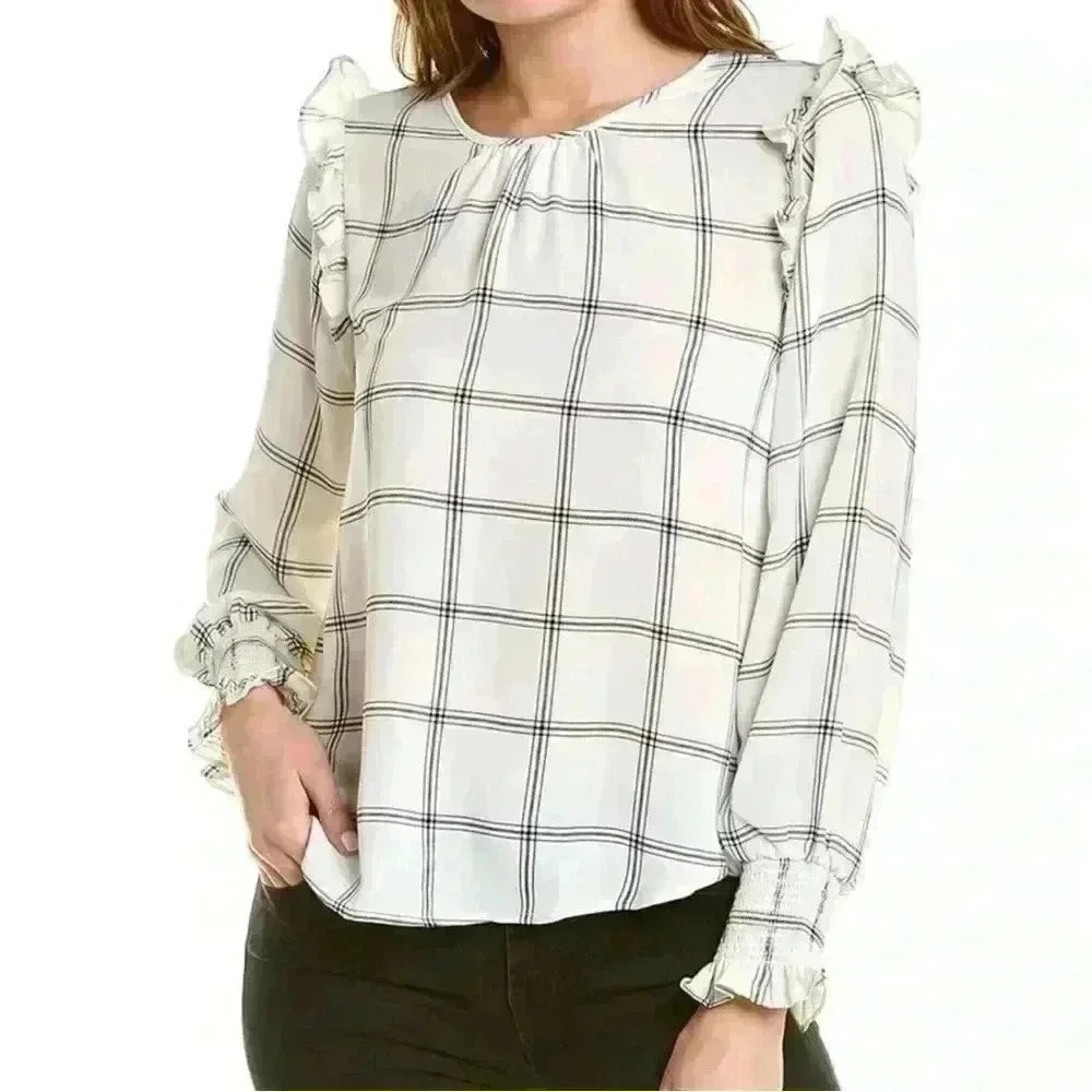 LAUNDRY BY SHELLI SEGAL Windowpane Check Blouse White Navy Blue Size X-Small